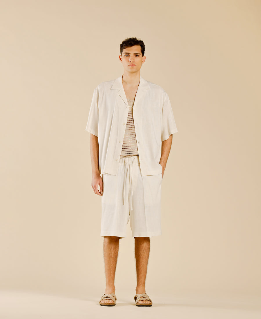 Camicia collo aperto in misto lino - Panna