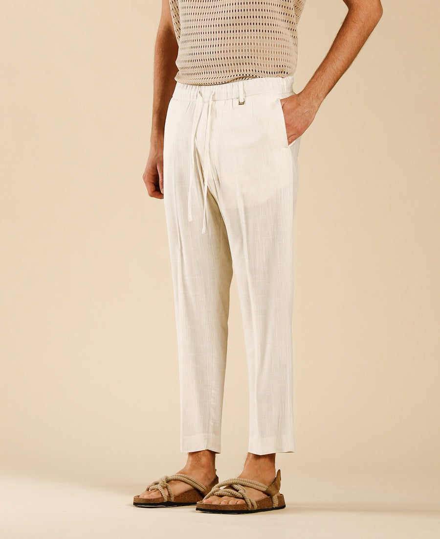 Pantalone in misto lino con coulisse - Panna