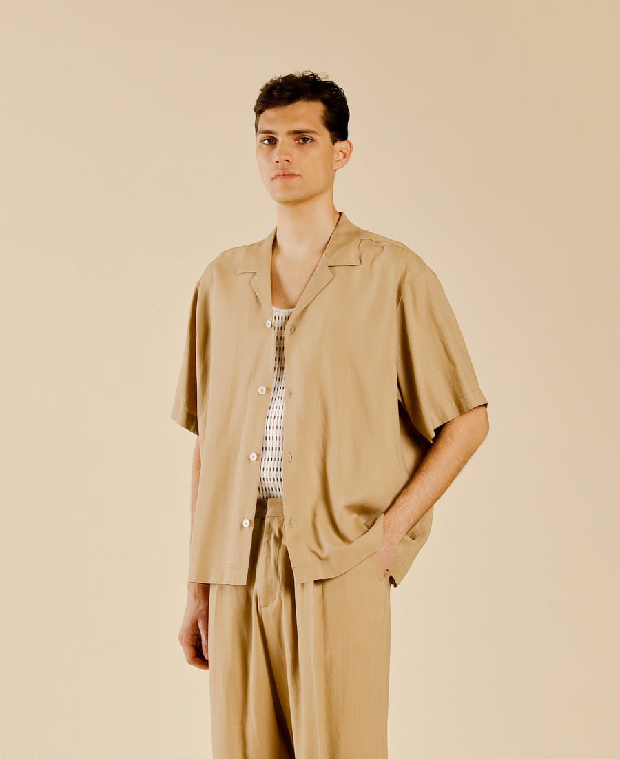 Camicia collo aperto in misto lino - Beige
