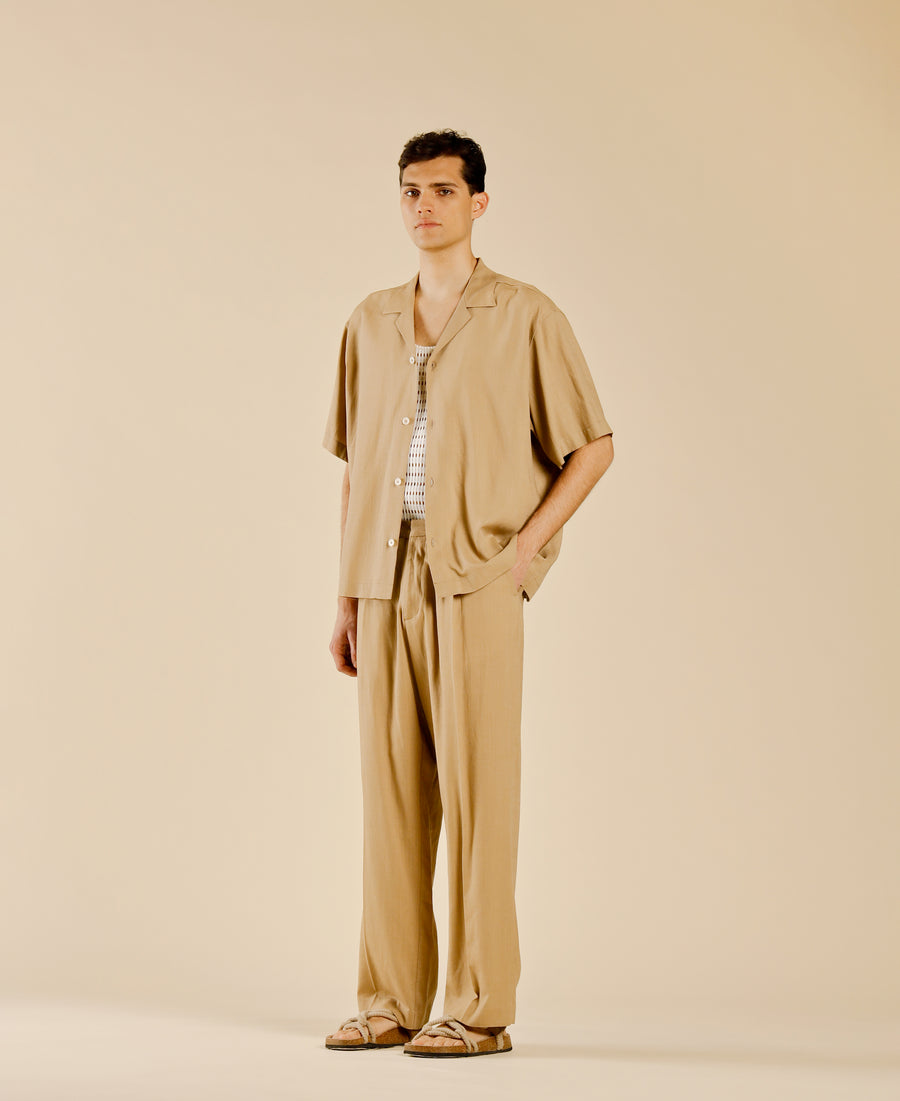 Camicia collo aperto in misto lino - Beige