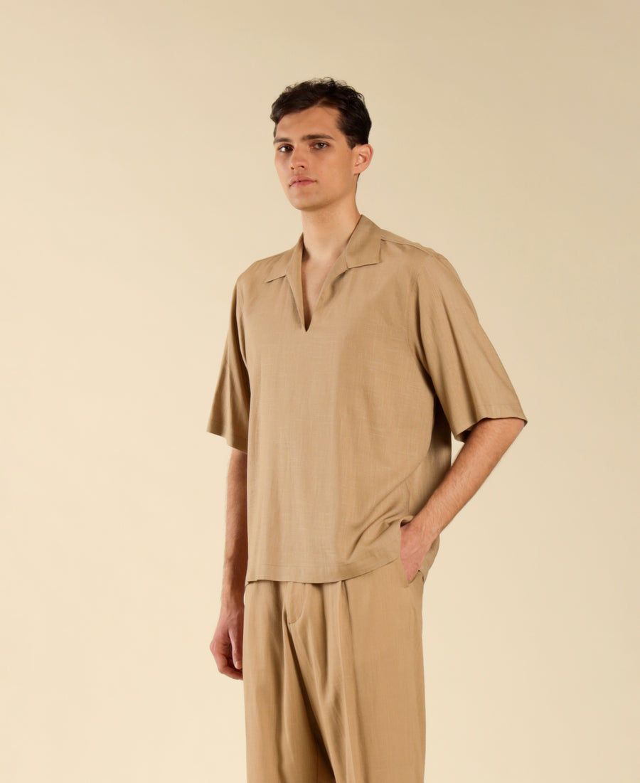 Polo camicia scollo a punta in misto lino - Beige