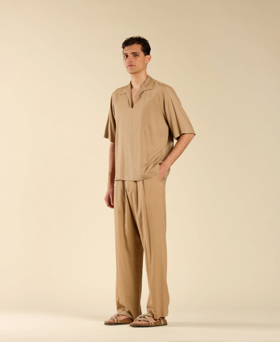 Polo camicia scollo a punta in misto lino - Beige