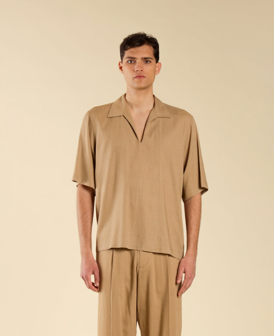 Polo camicia scollo a punta in misto lino - Beige