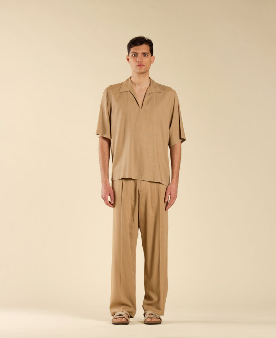 Polo camicia scollo a punta in misto lino - Beige