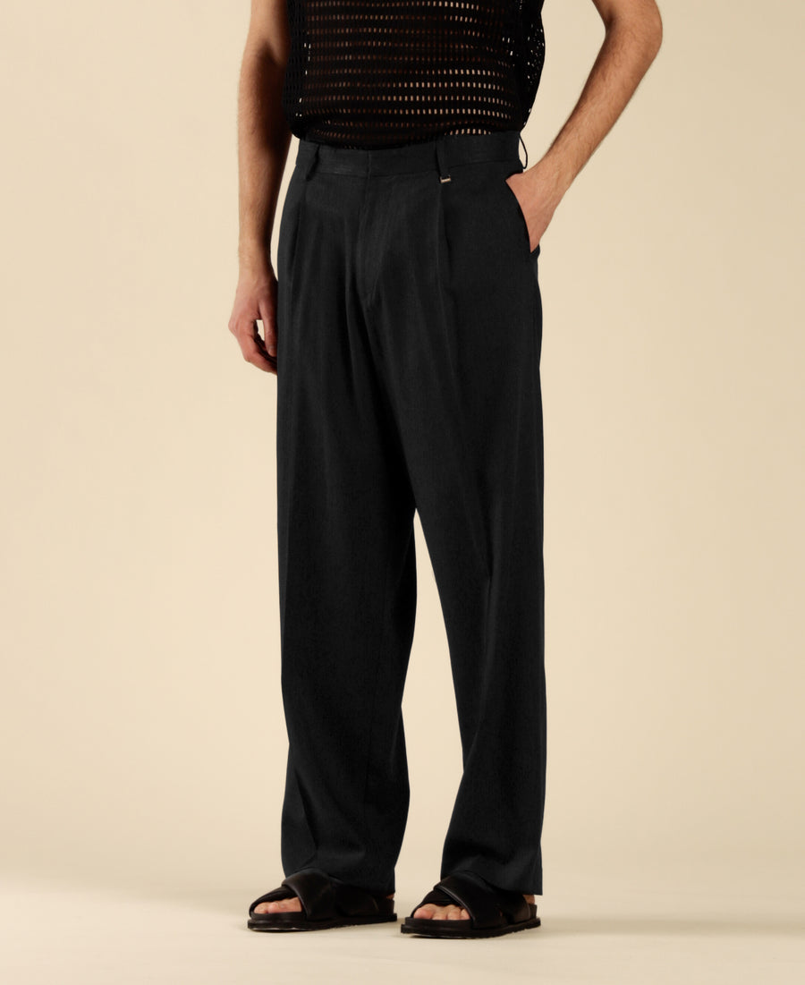 Pantalone in misto lino fondo ampio - Nero