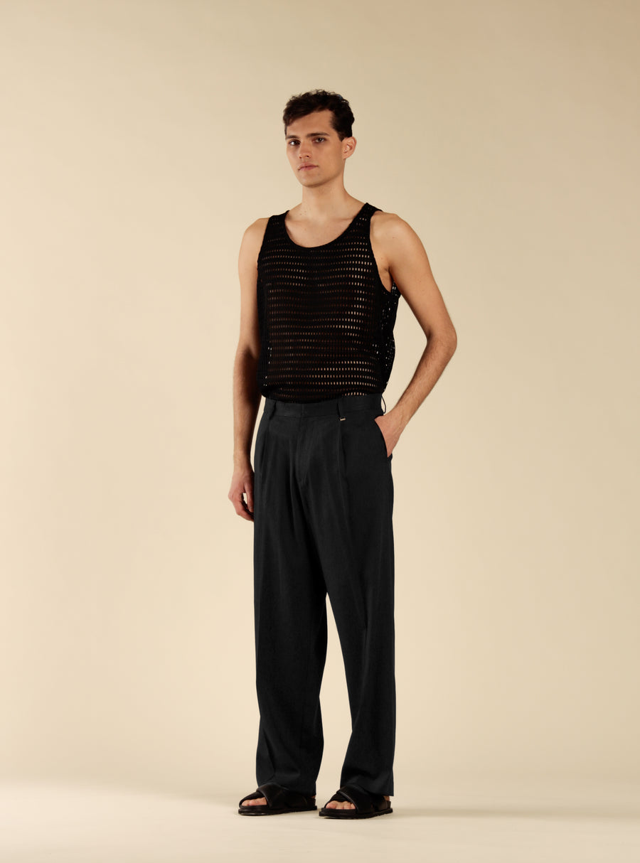 Pantalone in misto lino fondo ampio - Nero