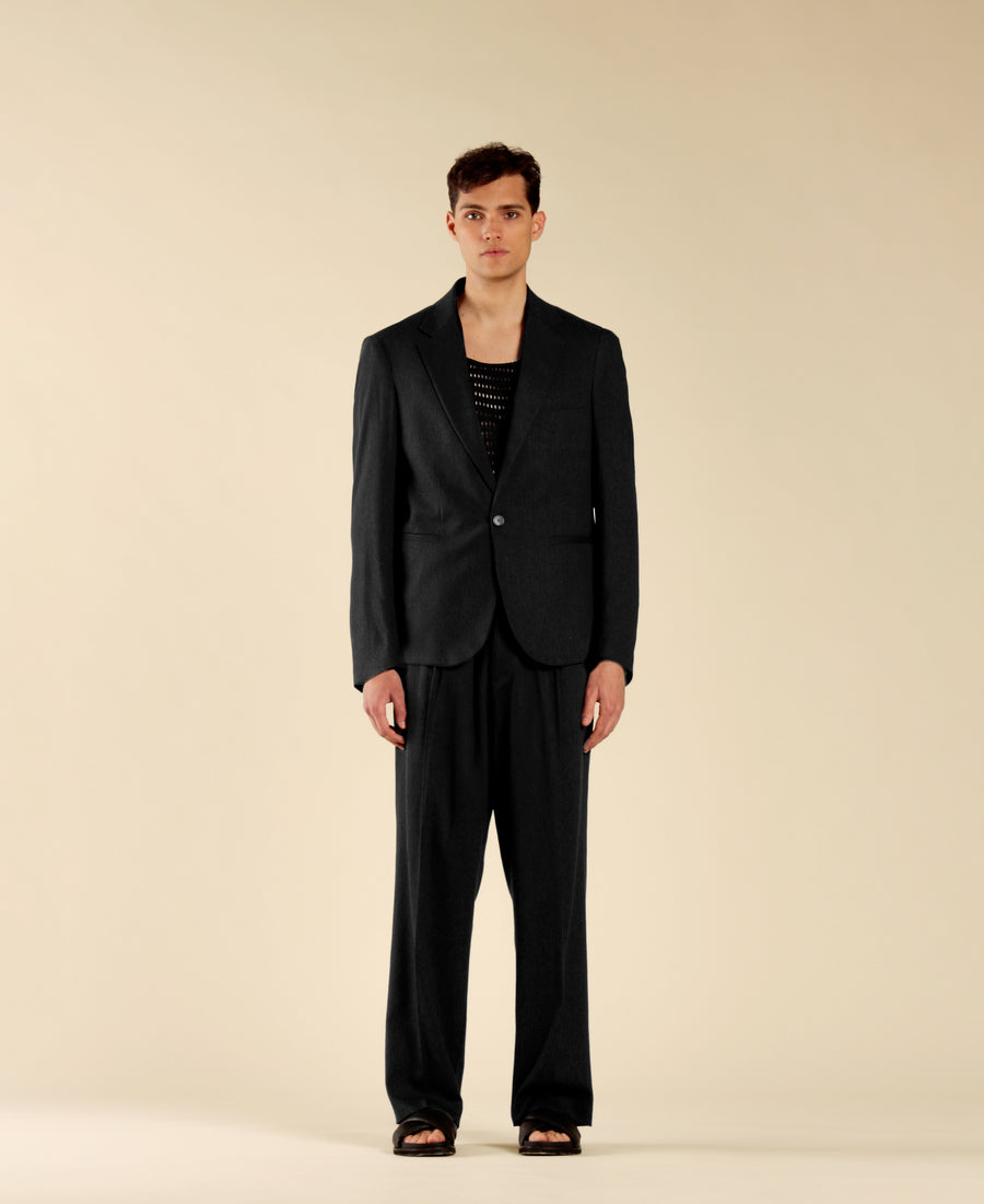 Pantalone in misto lino fondo ampio - Nero