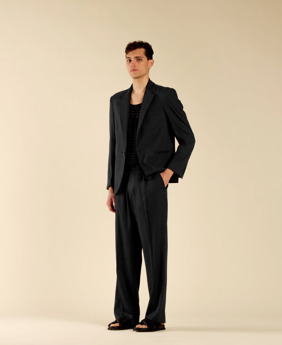 Pantalone in misto lino fondo ampio - Nero