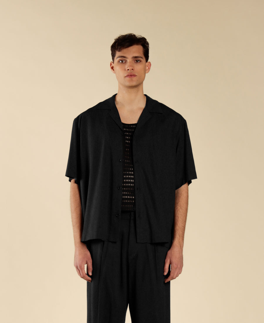 Camicia collo aperto in misto lino - Nero
