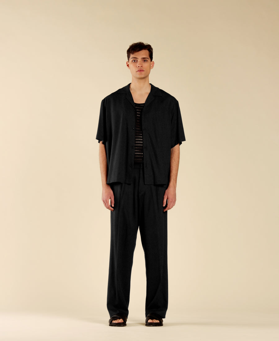 Camicia collo aperto in misto lino - Nero