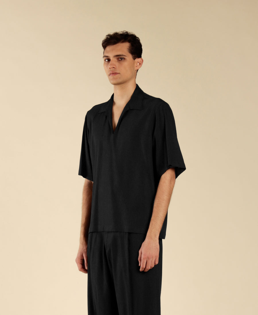 Polo camicia scollo a punta in misto lino - Nero