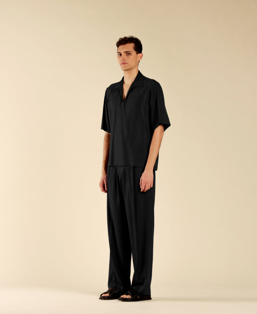 Polo camicia scollo a punta in misto lino - Nero