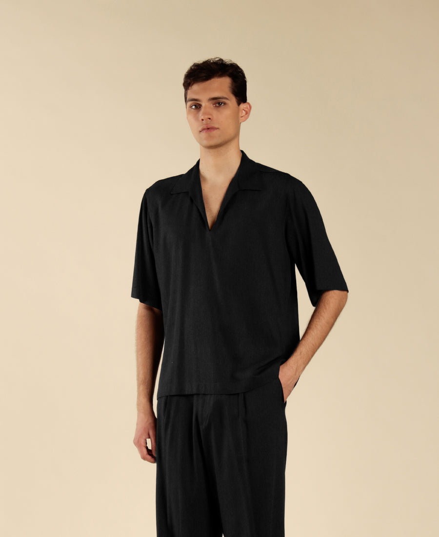 Polo camicia scollo a punta in misto lino - Nero