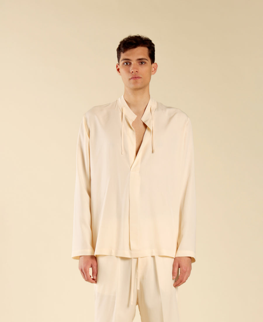 Camicia collo coreano manica lunga - Panna