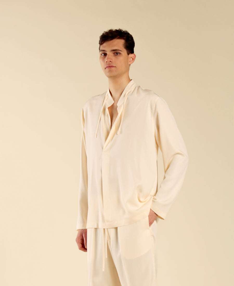 Camicia collo coreano manica lunga - Panna