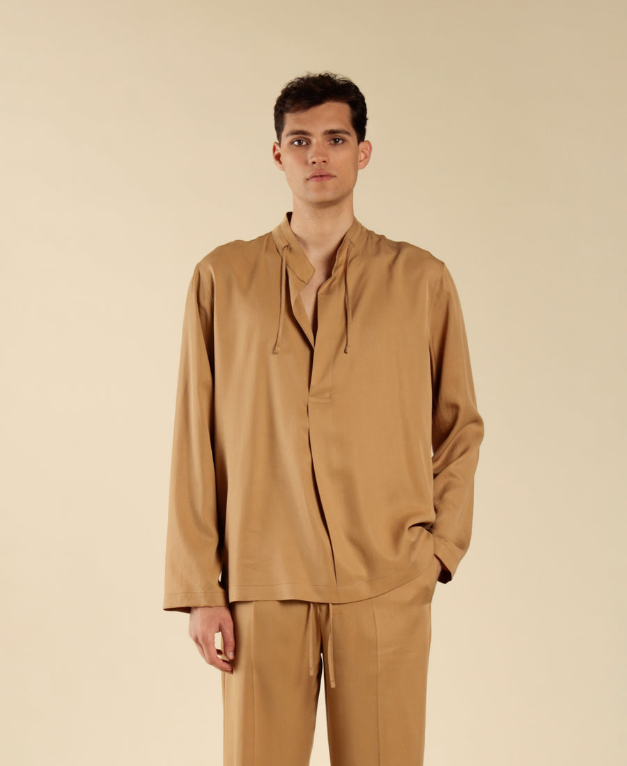 Camicia collo coreano manica lunga - Beige