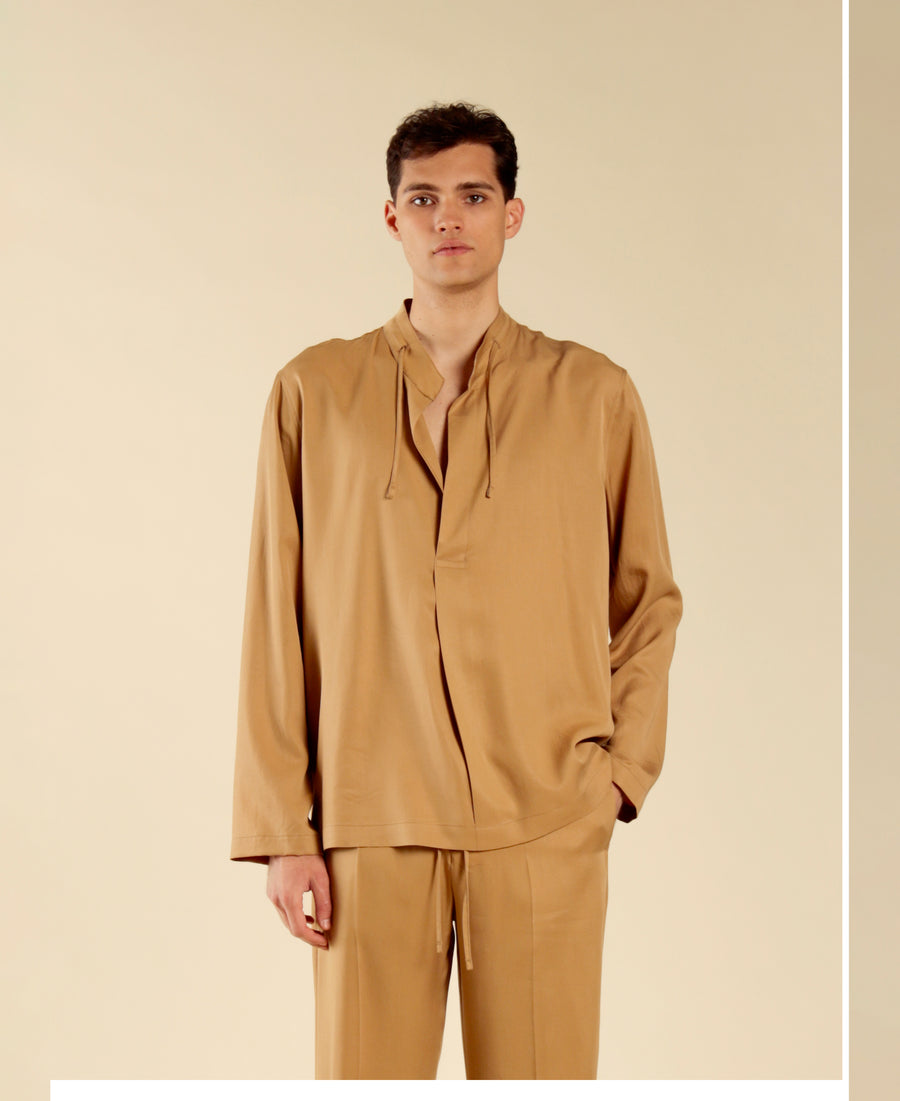 Camicia collo coreano manica lunga - Beige