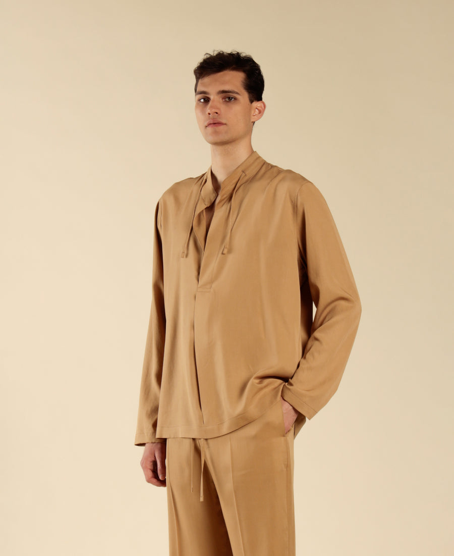 Camicia collo coreano manica lunga - Beige