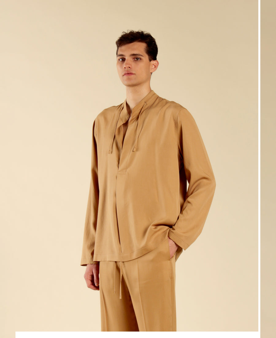 Camicia collo coreano manica lunga - Beige