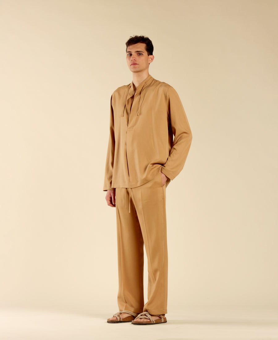 Camicia collo coreano manica lunga - Beige