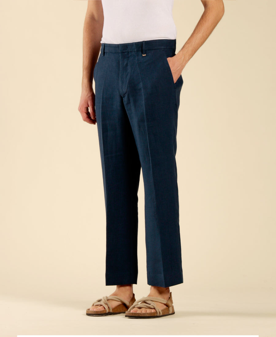 Pantalone cort in 100% lino - Blu
