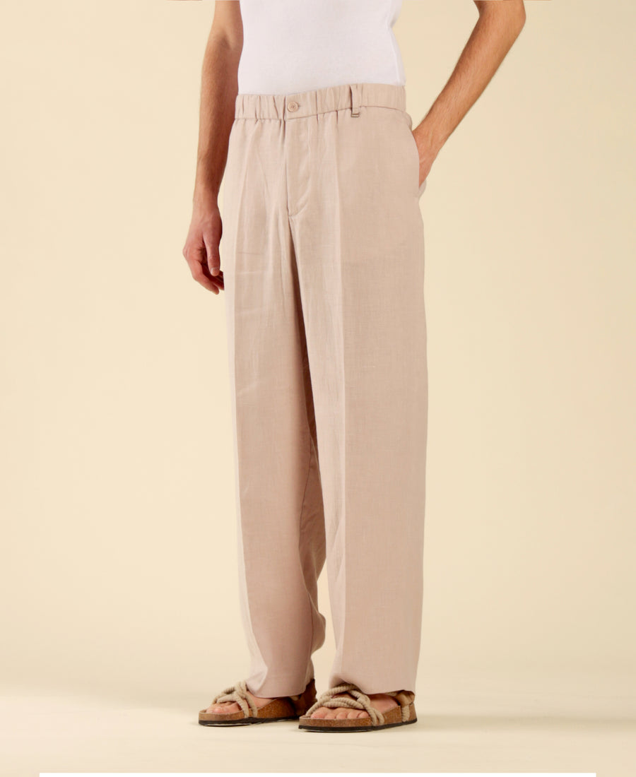 Pantalone fondo ampio in 100% lino - Cipria