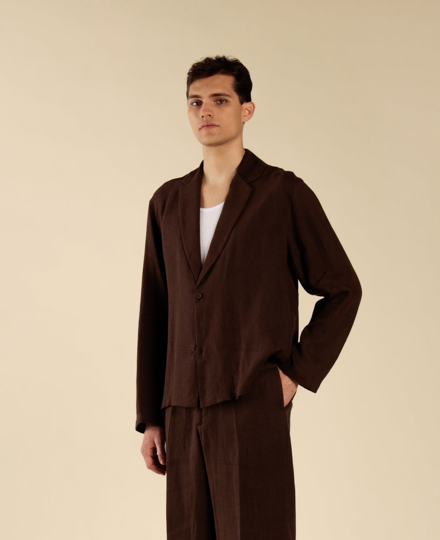 Camicia collo giacca in 100% lino - Moro