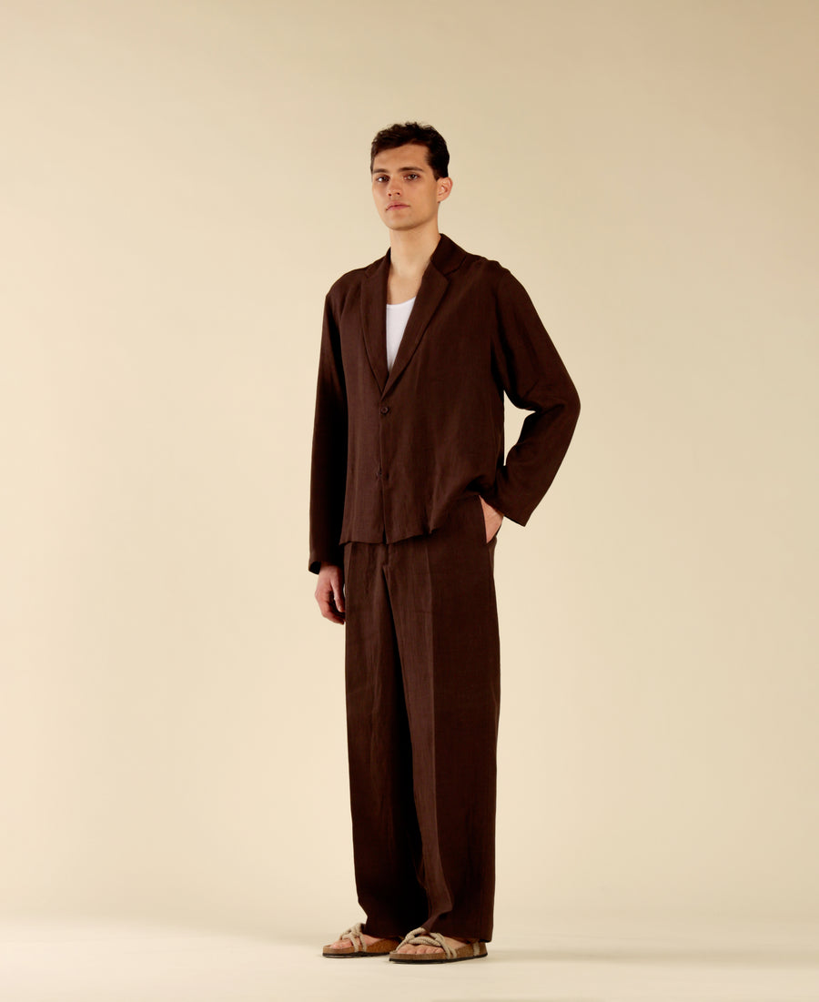 Camicia collo giacca in 100% lino - Moro