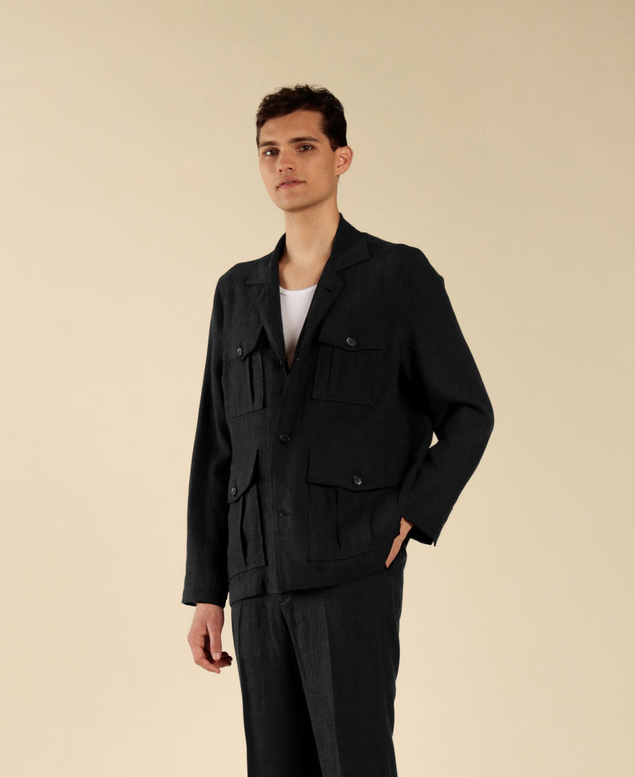 Giacca sahariana in 100% lino - Nero