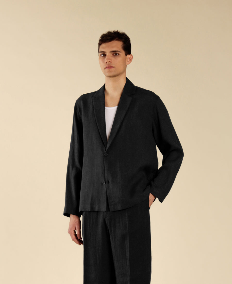 Camicia collo giacca in 100% lino - Nero