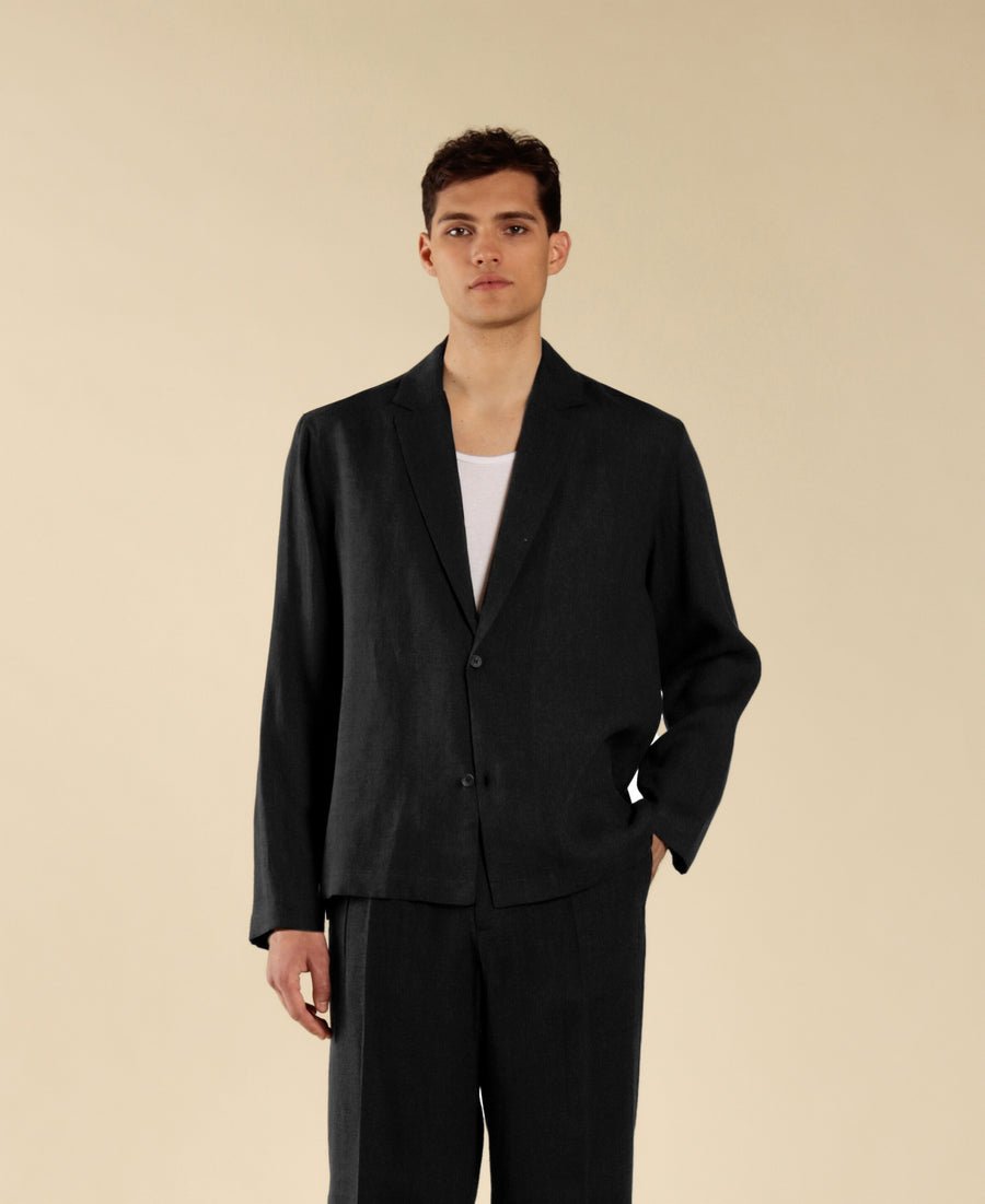 Camicia collo giacca in 100% lino - Nero