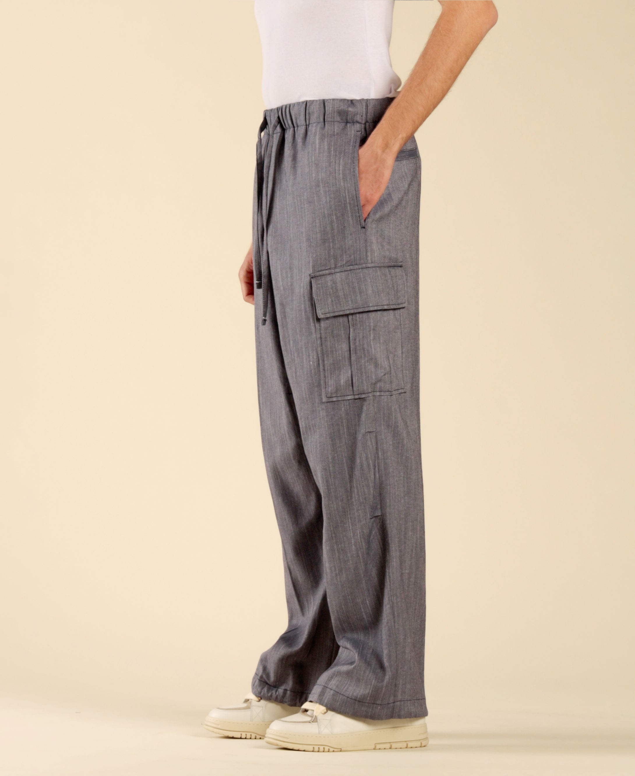 Pantalon cargo en coton et lin effet denim - Bleu
