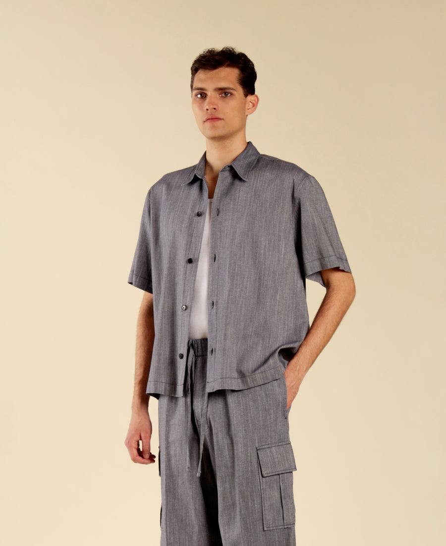 Camicia in cotone lino effetto denim - Blu