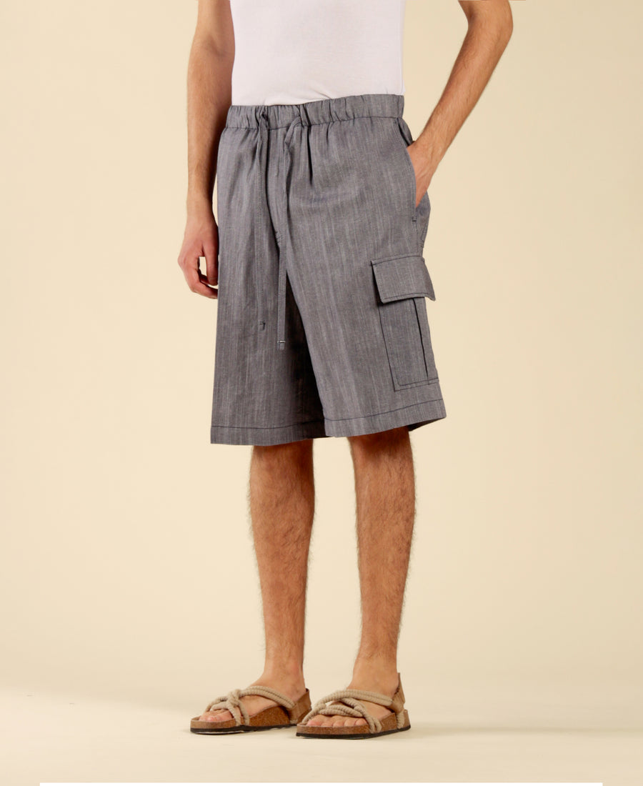 Bermuda in cotone lino effetto denim - Blu