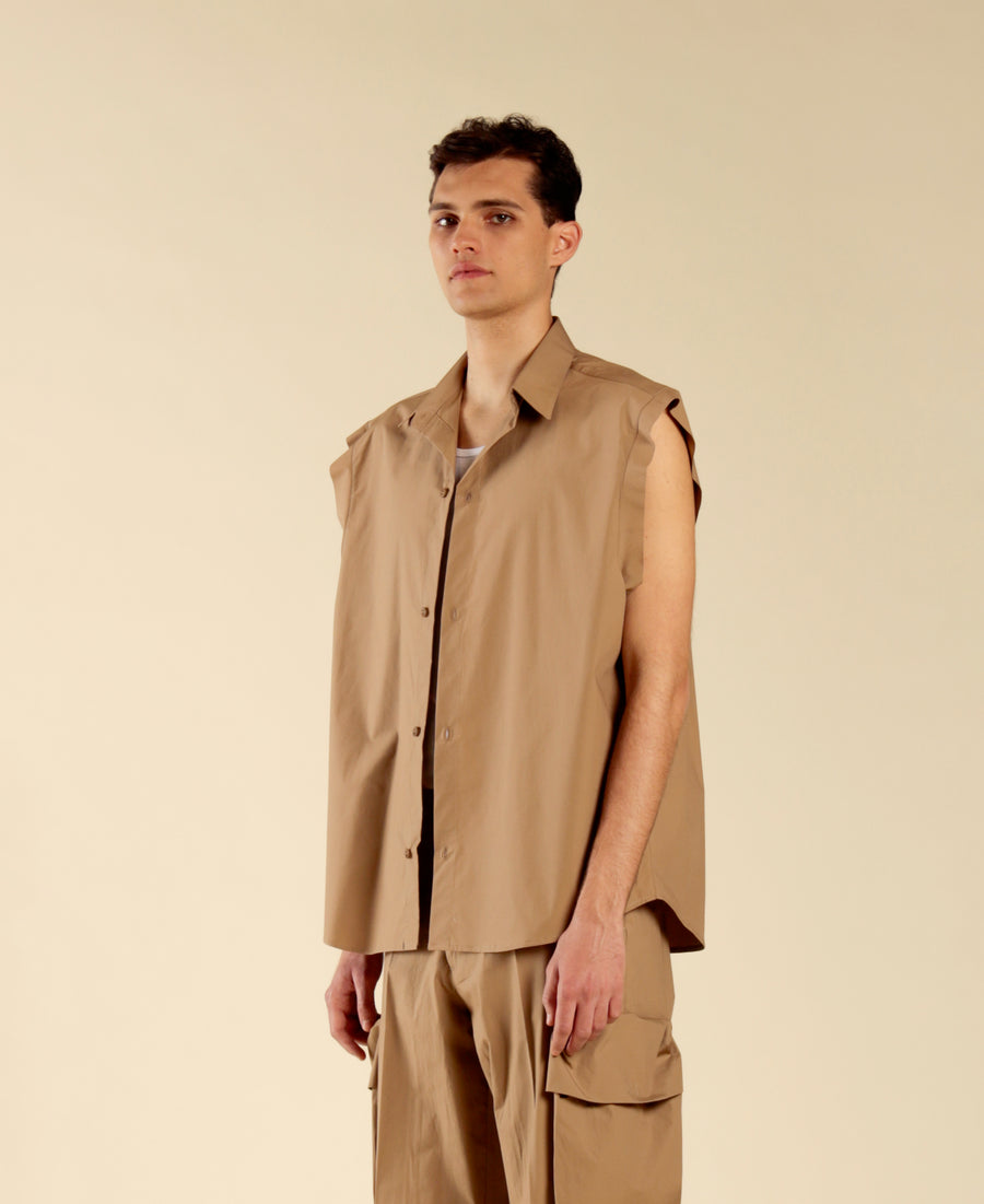 Camicia oversize smanicata in cotone - Beige