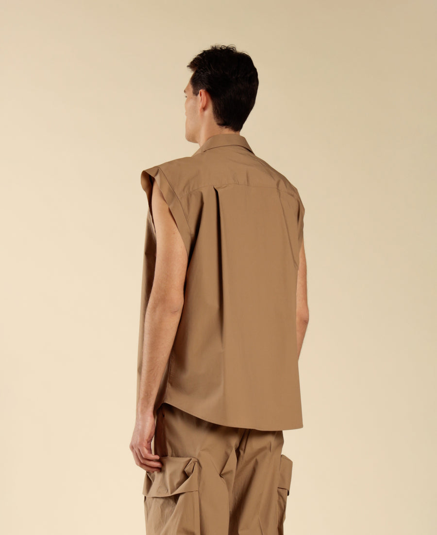 Camicia oversize smanicata in cotone - Beige