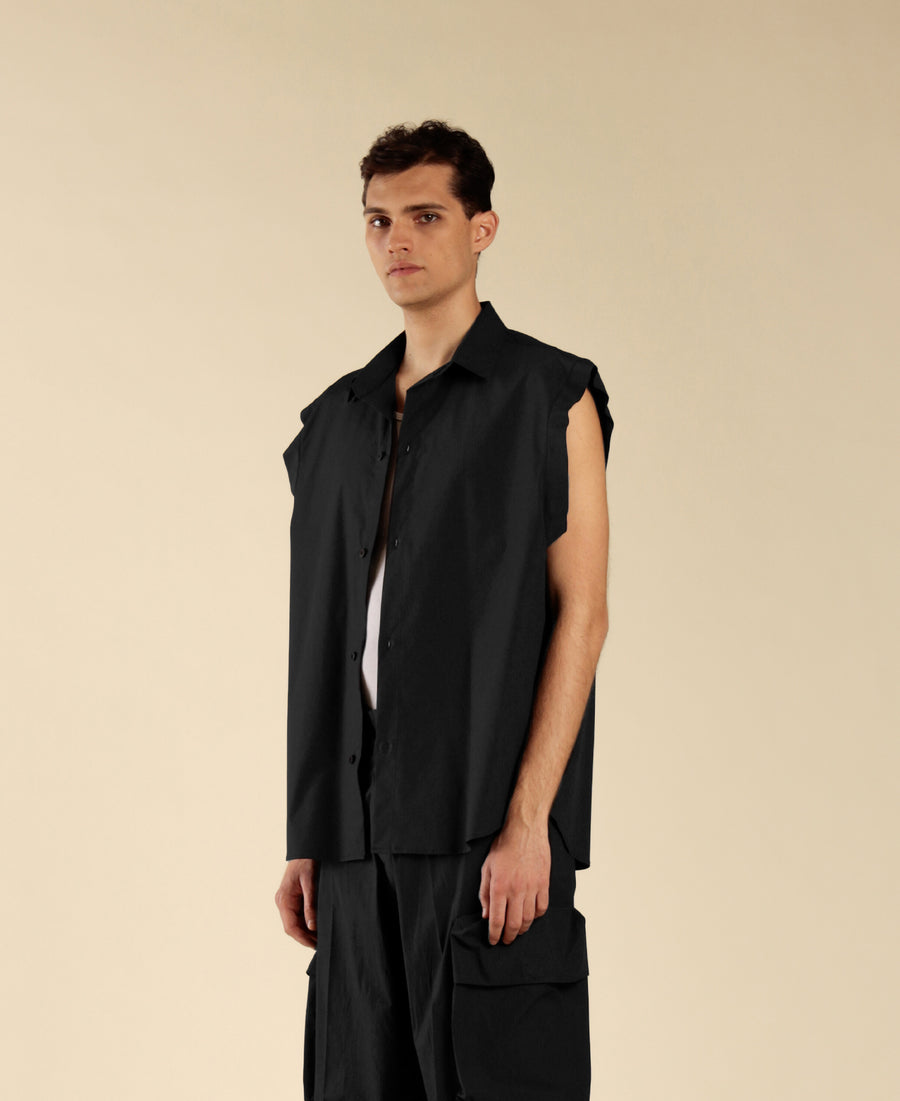 Camicia oversize smanicata in cotone - Nero