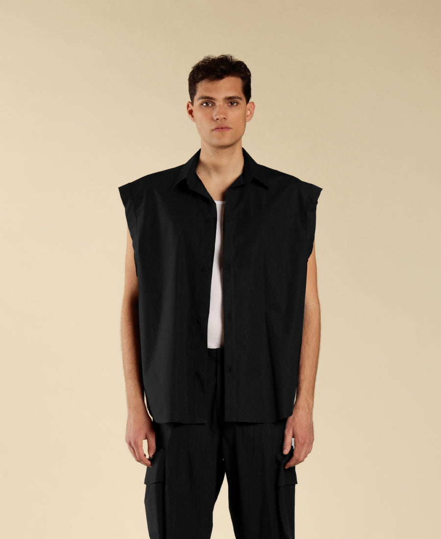 Camicia oversize smanicata in cotone - Nero