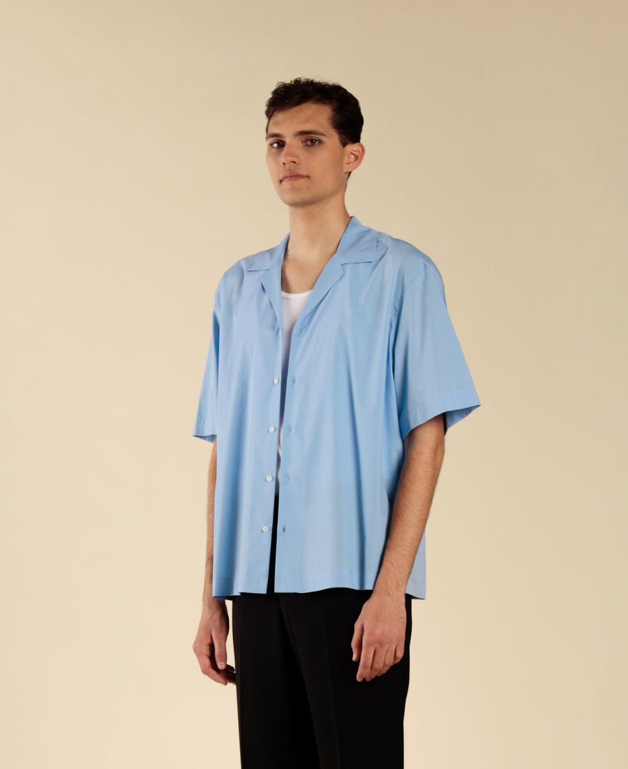 Camicia collo bowling in cotone - Celeste