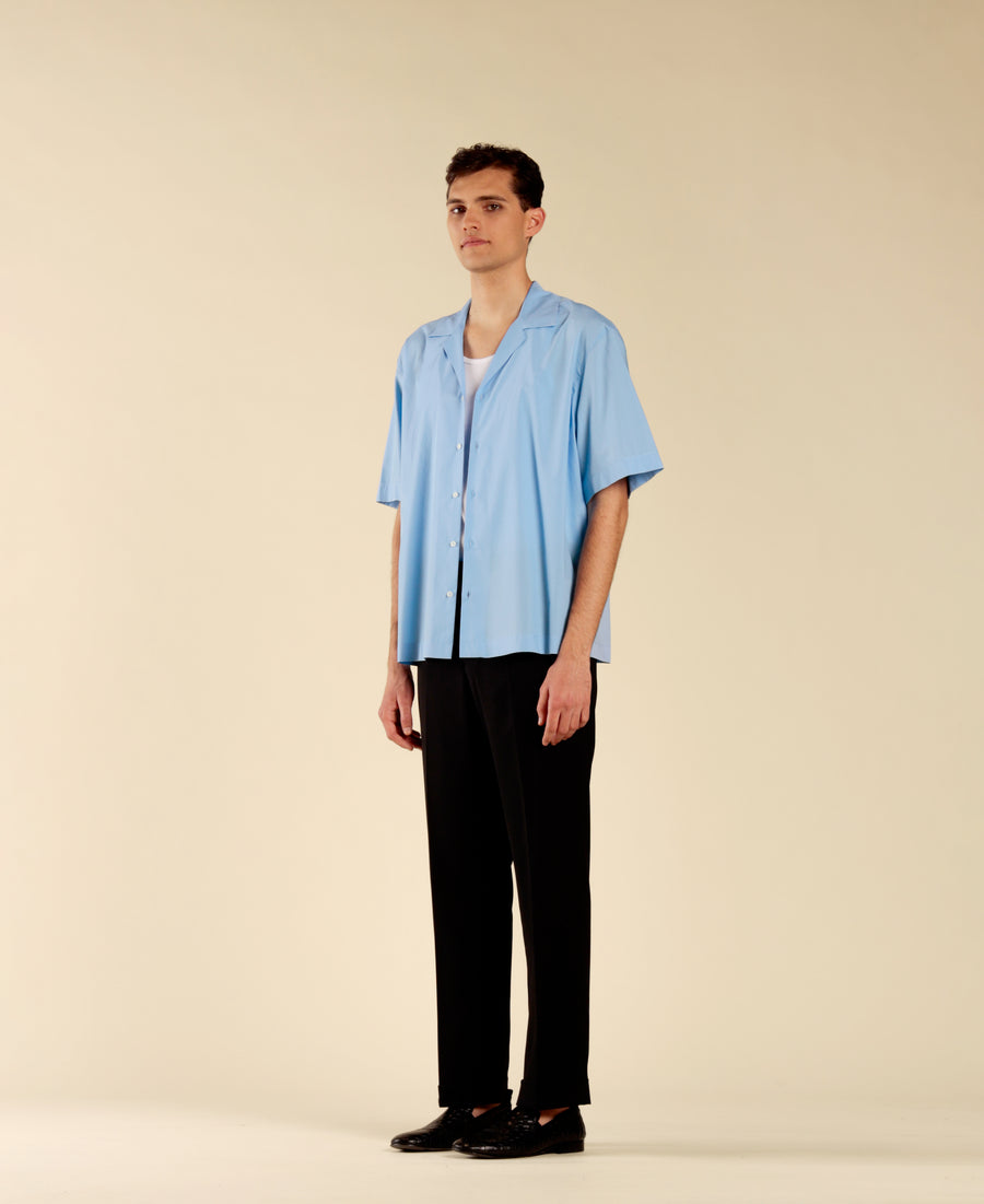 Camicia collo bowling in cotone - Celeste