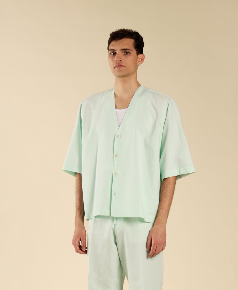 Camicia manica a gomito in lino cotone - Verde