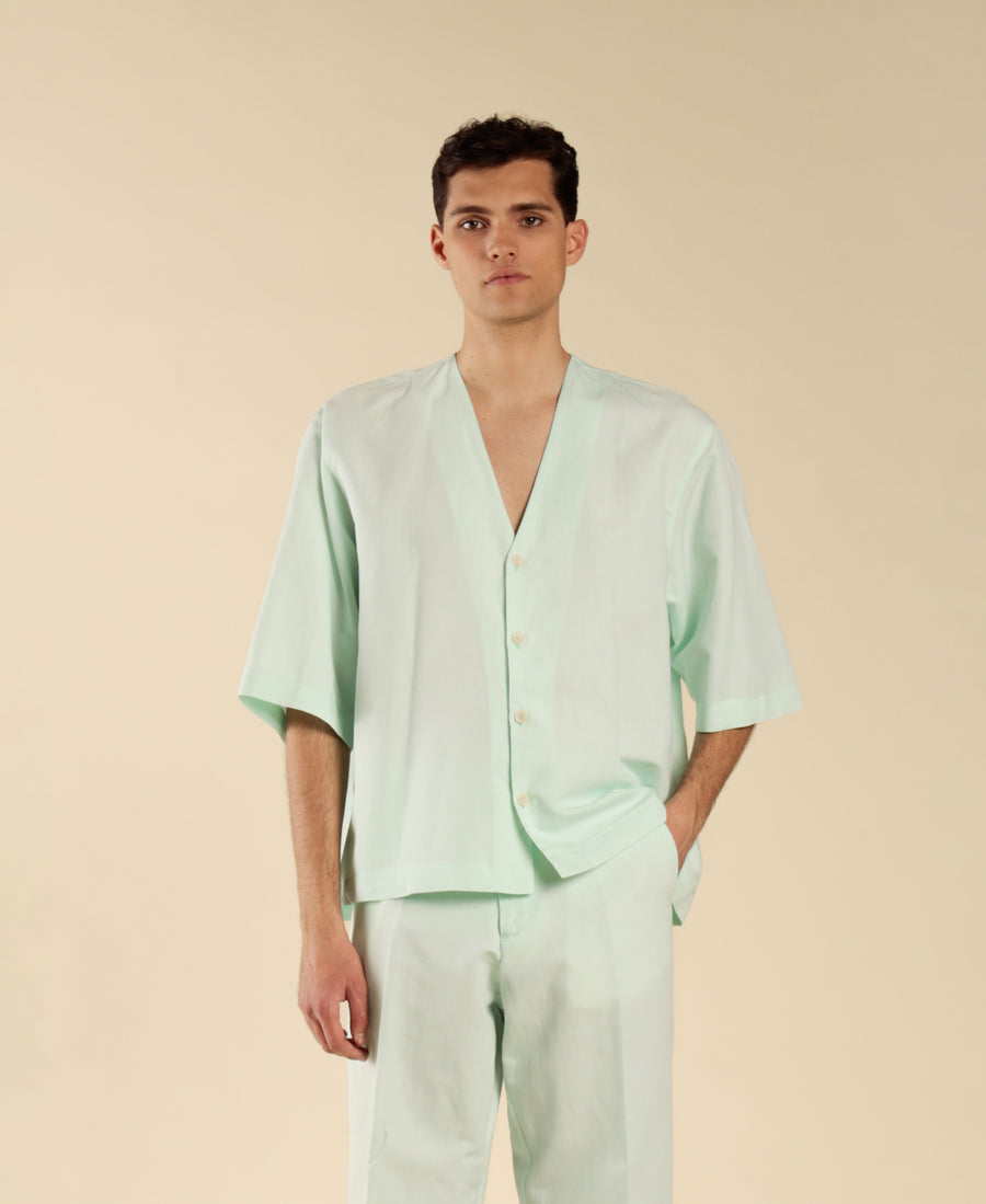 Camicia manica a gomito in lino cotone - Verde