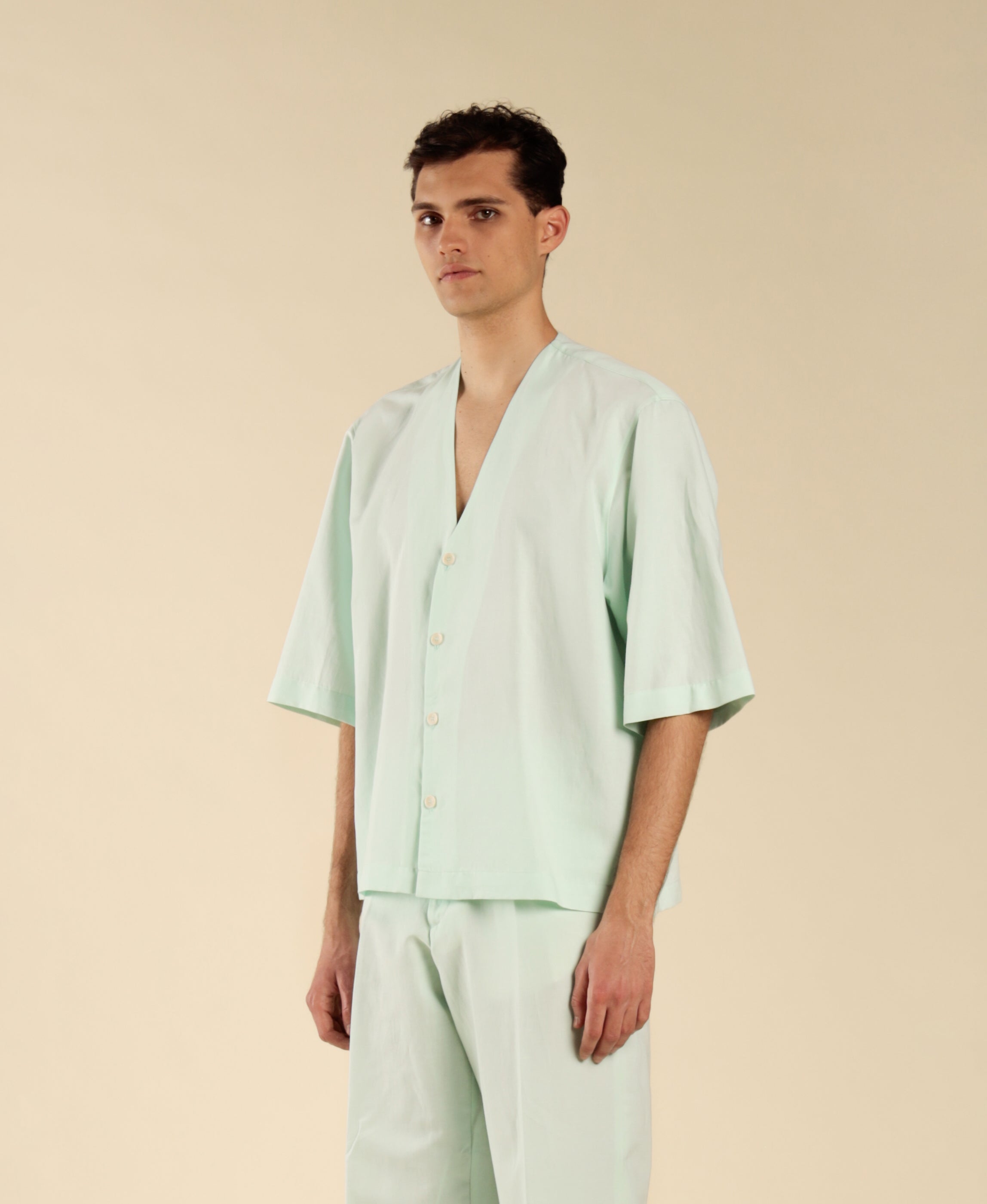 Camicia manica a gomito in lino cotone - Verde