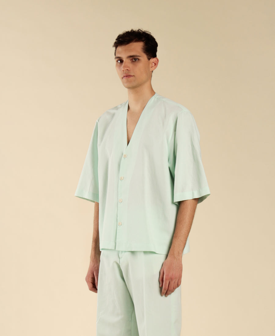 Camicia manica a gomito in lino cotone - Verde