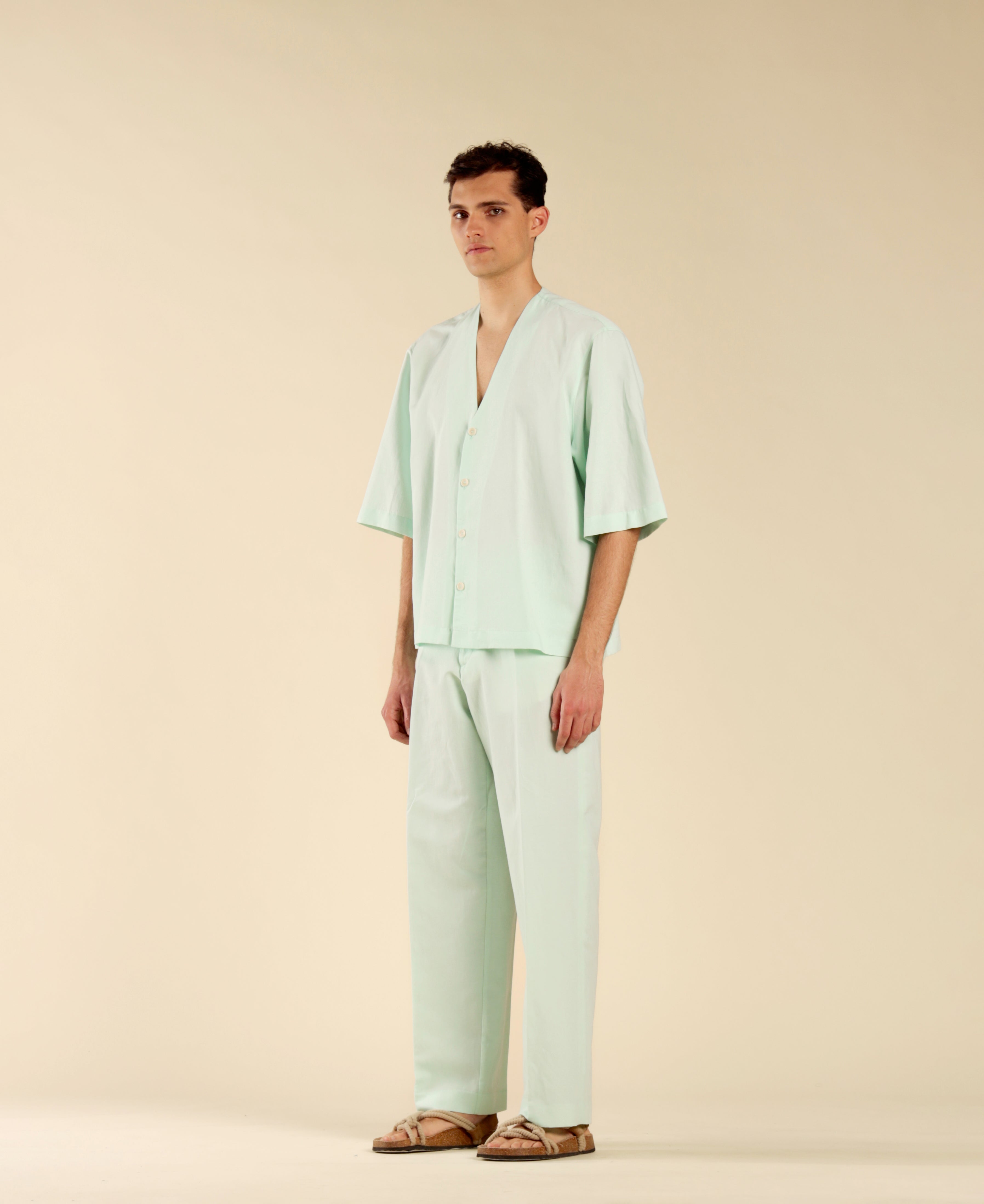 Pantalon large en lin et coton - Vert