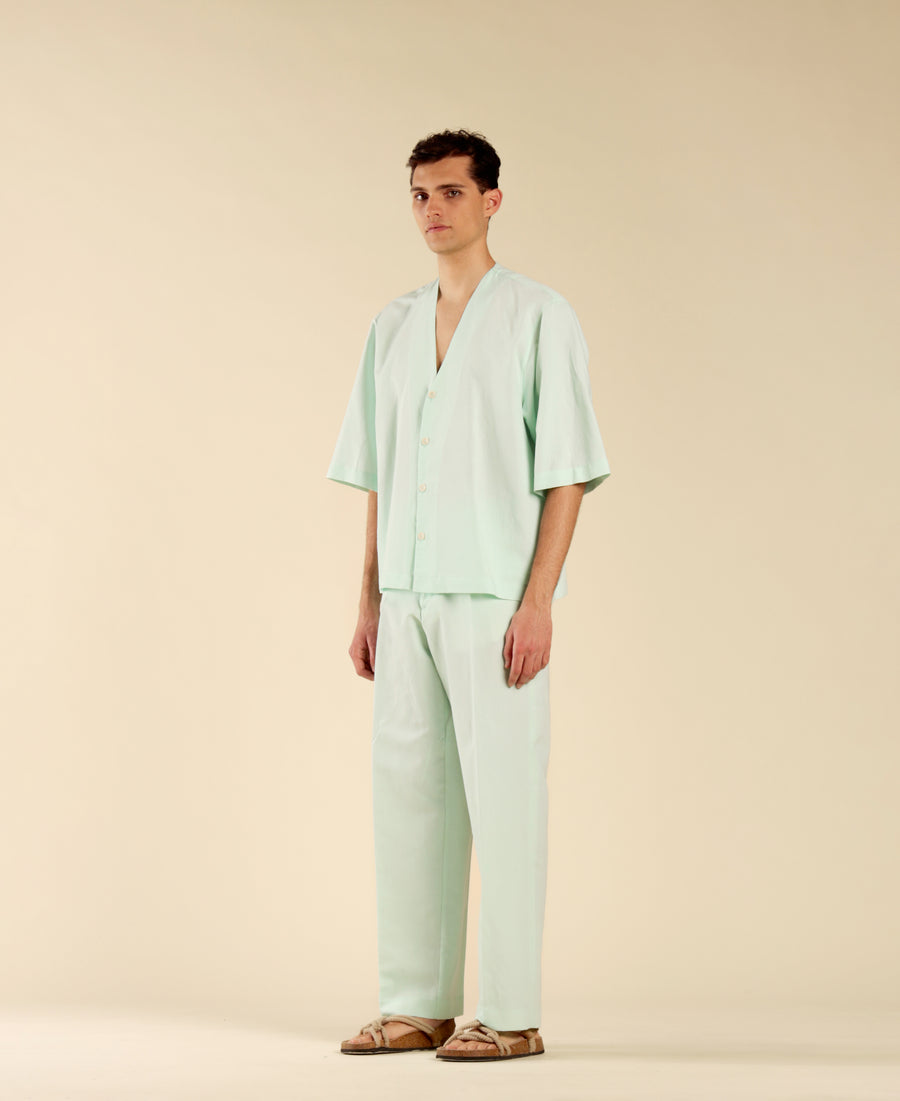 Pantalone fondo ampio in lino cotone - Verde