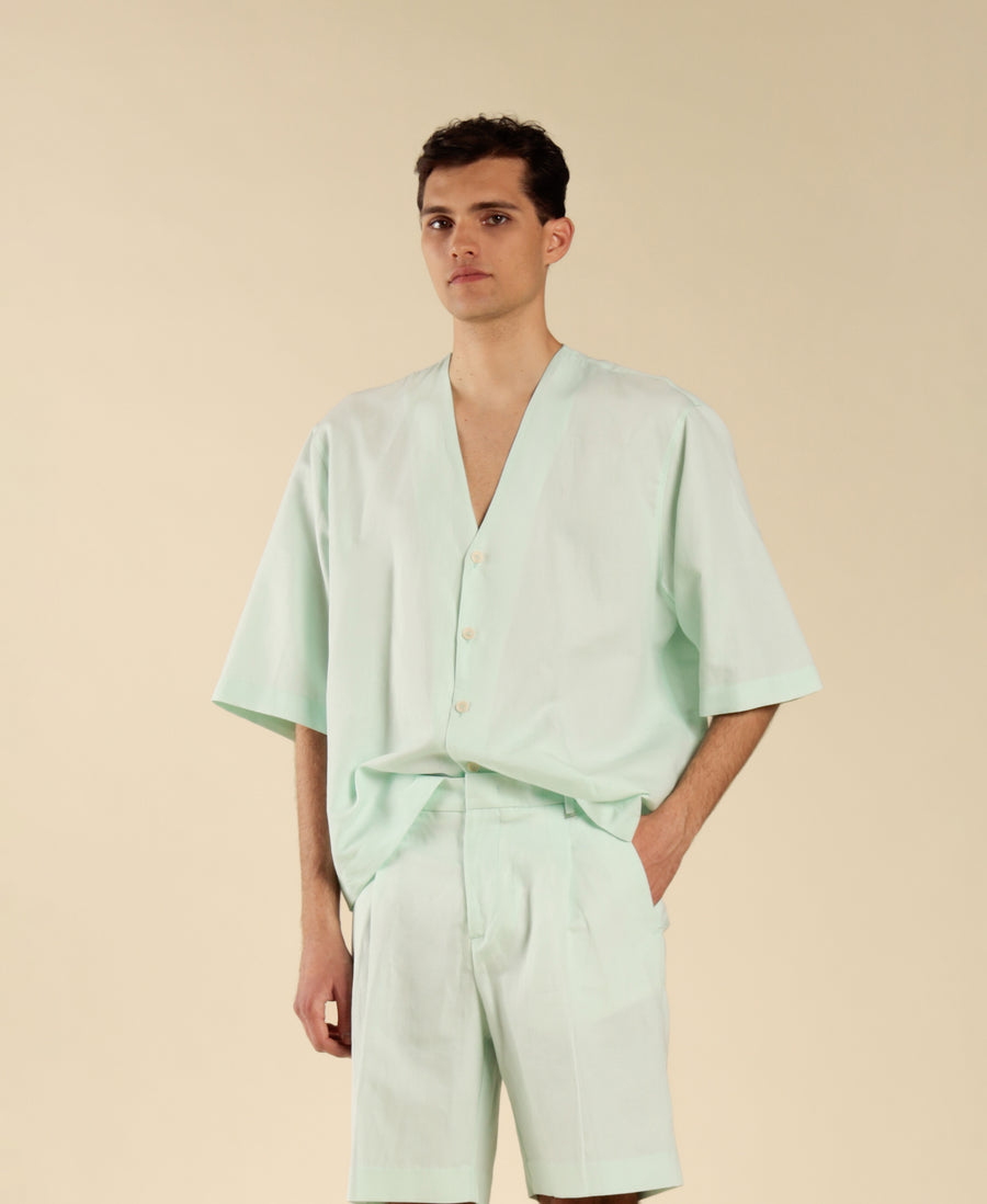Camicia manica a gomito in lino cotone - Verde