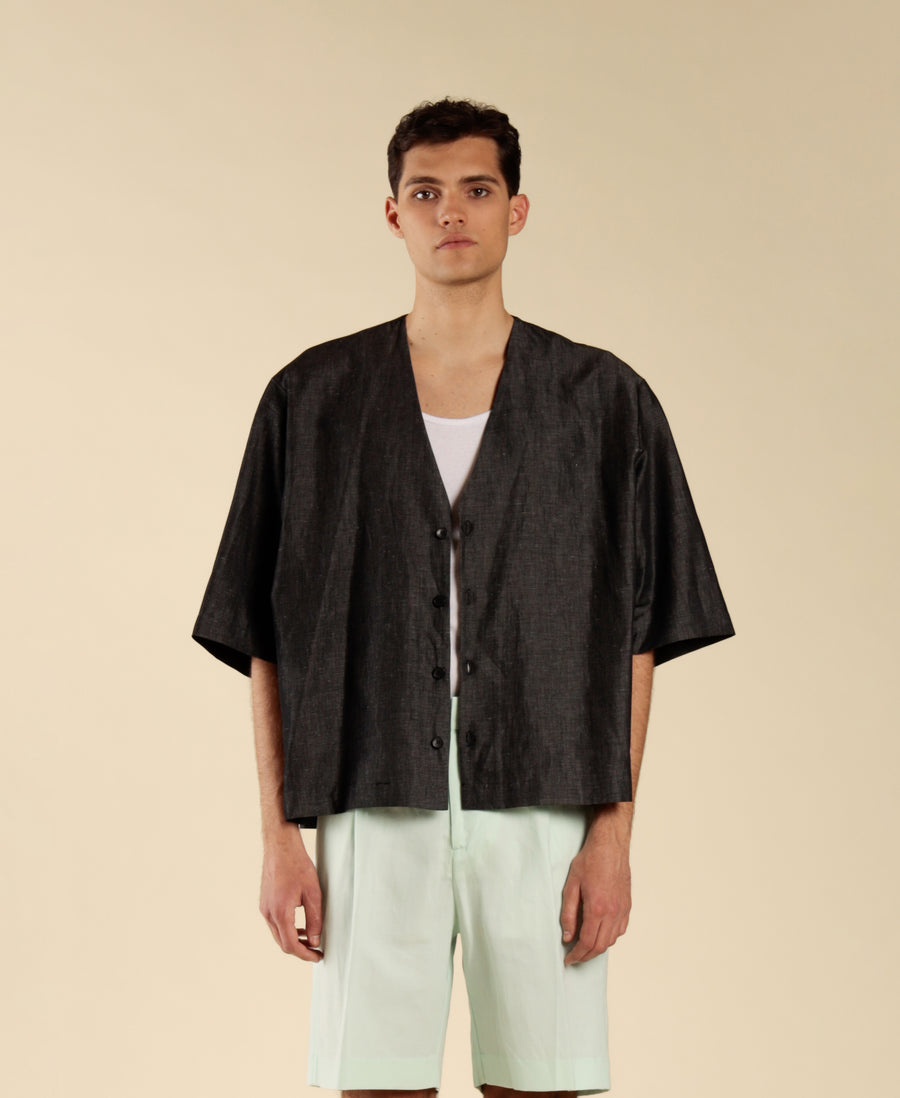 Camicia manica a gomito scollo a punta - Nero