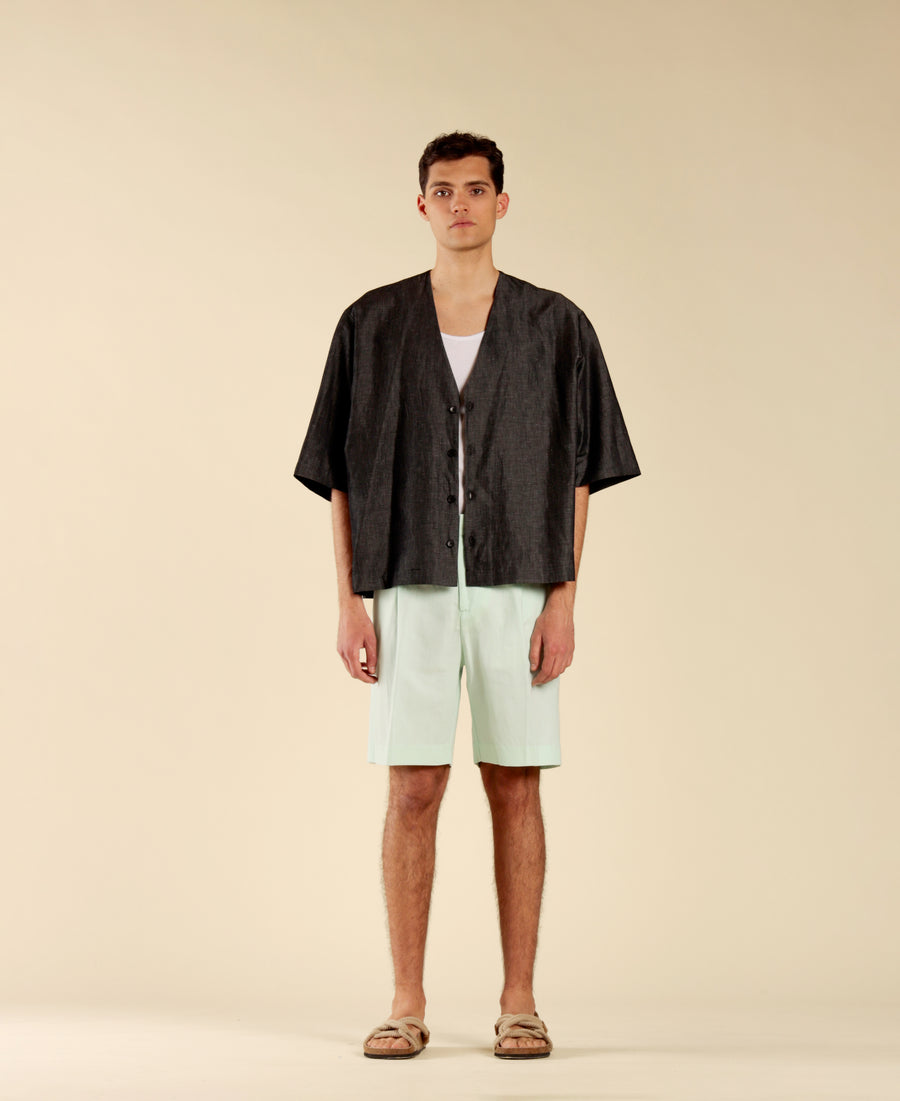Camicia manica a gomito scollo a punta - Nero