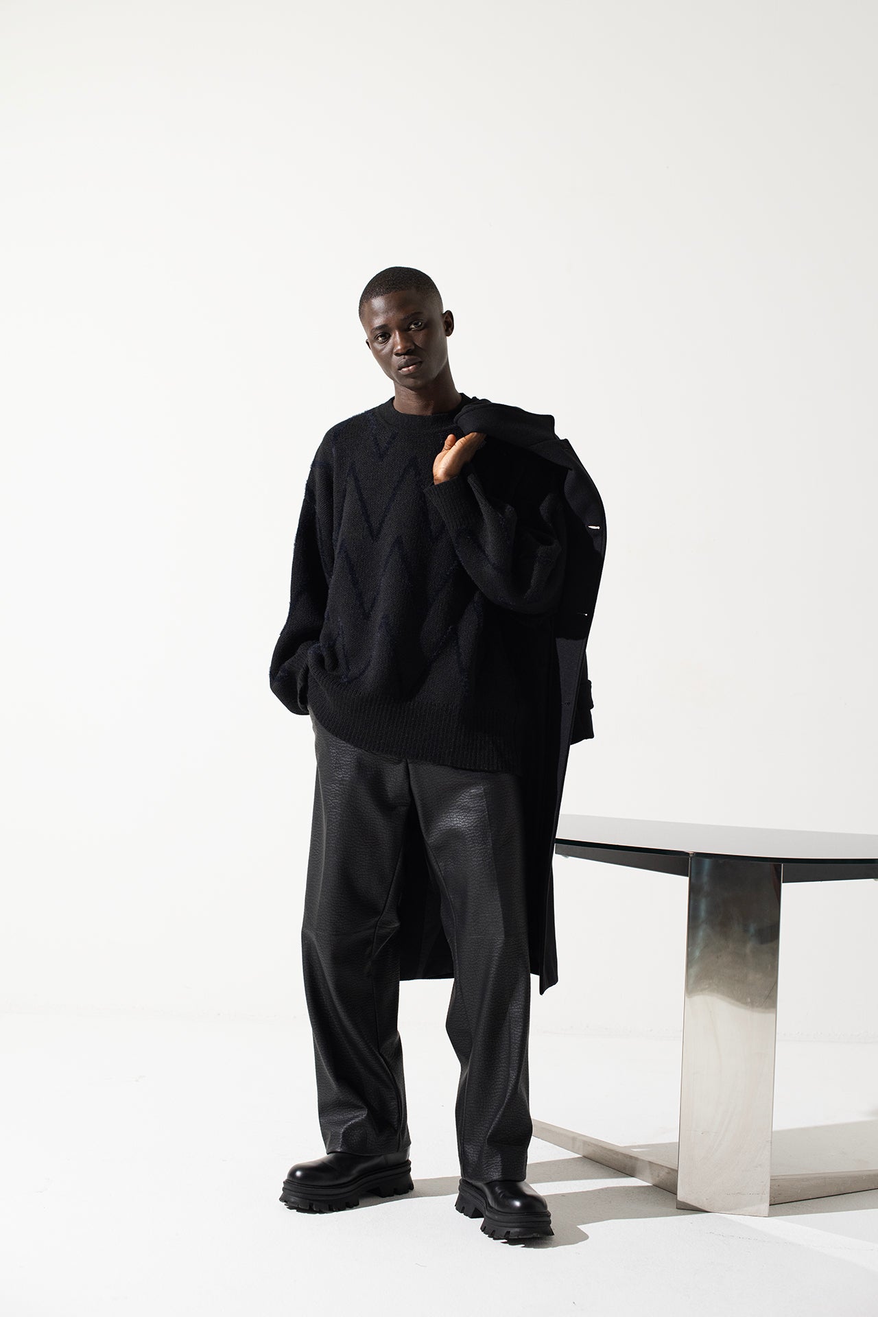 Pull oversize à col rond et motifs - Noir